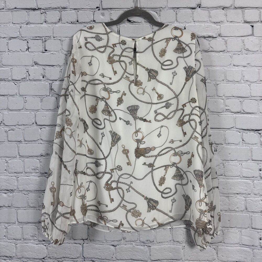 White House Black Market Cream Chain Print Long Sleeve Chiffon Blouse Women's L - Picture 9 of 13